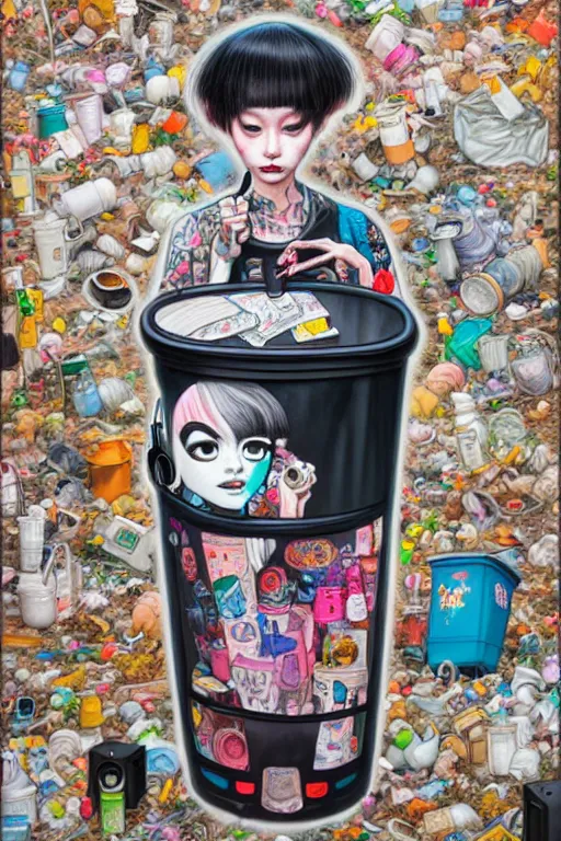 Image similar to full view, from a distance, of anthropomorphic trashcan full of trash, style of yoshii chie and hikari shimoda and martine johanna, highly detailed