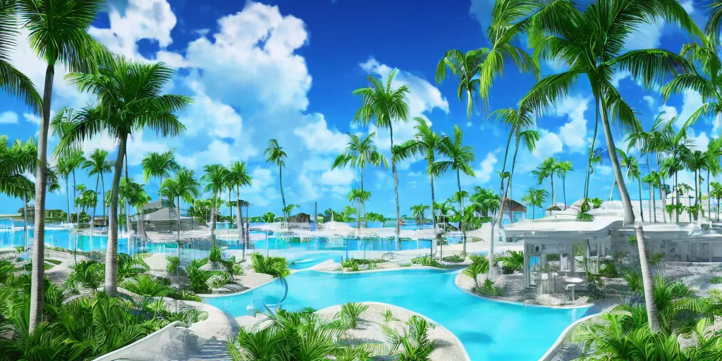 Image similar to hyperrealistic surreal virtual world of a florida keys resort with palm trees around a pool, a surreal vaporwave liminal space, minimalist architecture, metaverse, highly detailed, calming, meditative, dreamscape