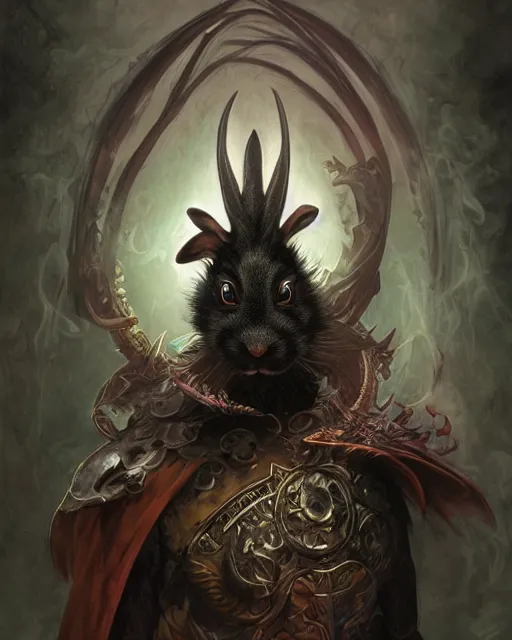 Image similar to Anthropomorphized black rabbit monk, portrait, Path of Exile, Diablo, Warhammer, digital painting, highly detailed, concept art, Nekro, Peter Mohrbacher, Alphonse Mucha, Brian Froud, Yoshitaka Amano, Kim Keever, Victo Ngai, James Jean