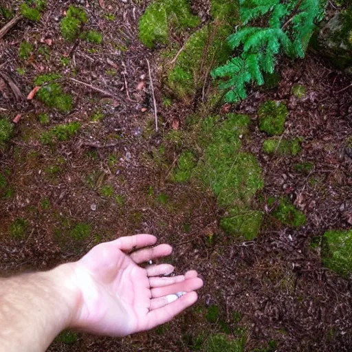 Prompt: in the forest looking down at my hands