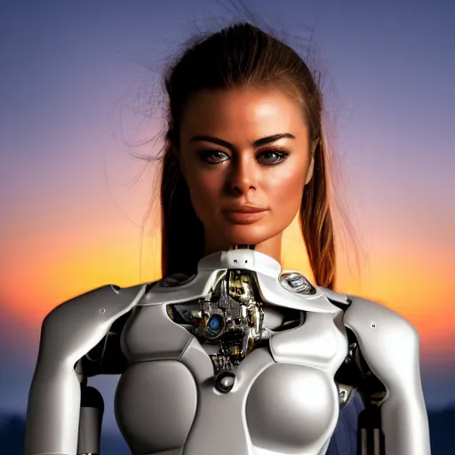 Prompt: beautiful centered Fine art photo portrait of young Carmen Electra daydreaming as a solarpunk robotic humanoid, white mechanical parts with led lights, photorealistic, white background, highly detailed and intricate, sunset lighting, HDR 8k