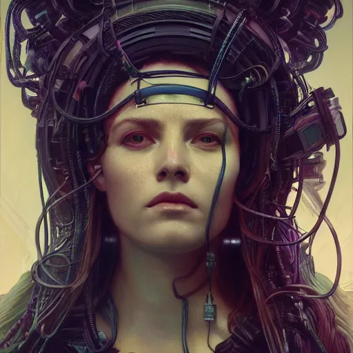 Image similar to portrait of Medusa with vr headset, cyberpunk, thick cables on the head, futuristic hi-tech details, ominous, intricate, art by anthony macbain + greg rutkowski + alphonse mucha, concept art, 4k, sharp focus, cinematic unreal engine