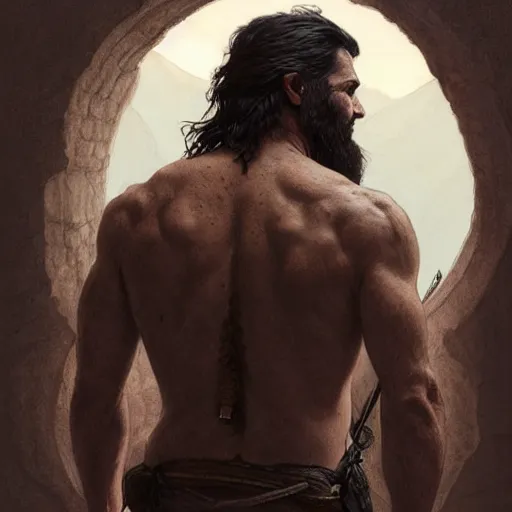 Image similar to back portrait of a rugged ranger, full body, hairy torso, medium-length hair, D&D, fantasy, intricate, elegant, highly detailed, digital painting, artstation, concept art, matte, sharp focus, illustration, art by Artgerm and Greg Rutkowski and Alphonse Mucha