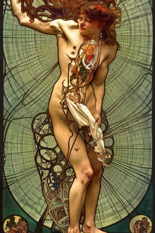 Image similar to anatomically accurate model of the full human muscular system infected by night, full body, intricate parts, fine details, hyper - realistic, elegant. by seichen, alphonse mucha, surreal