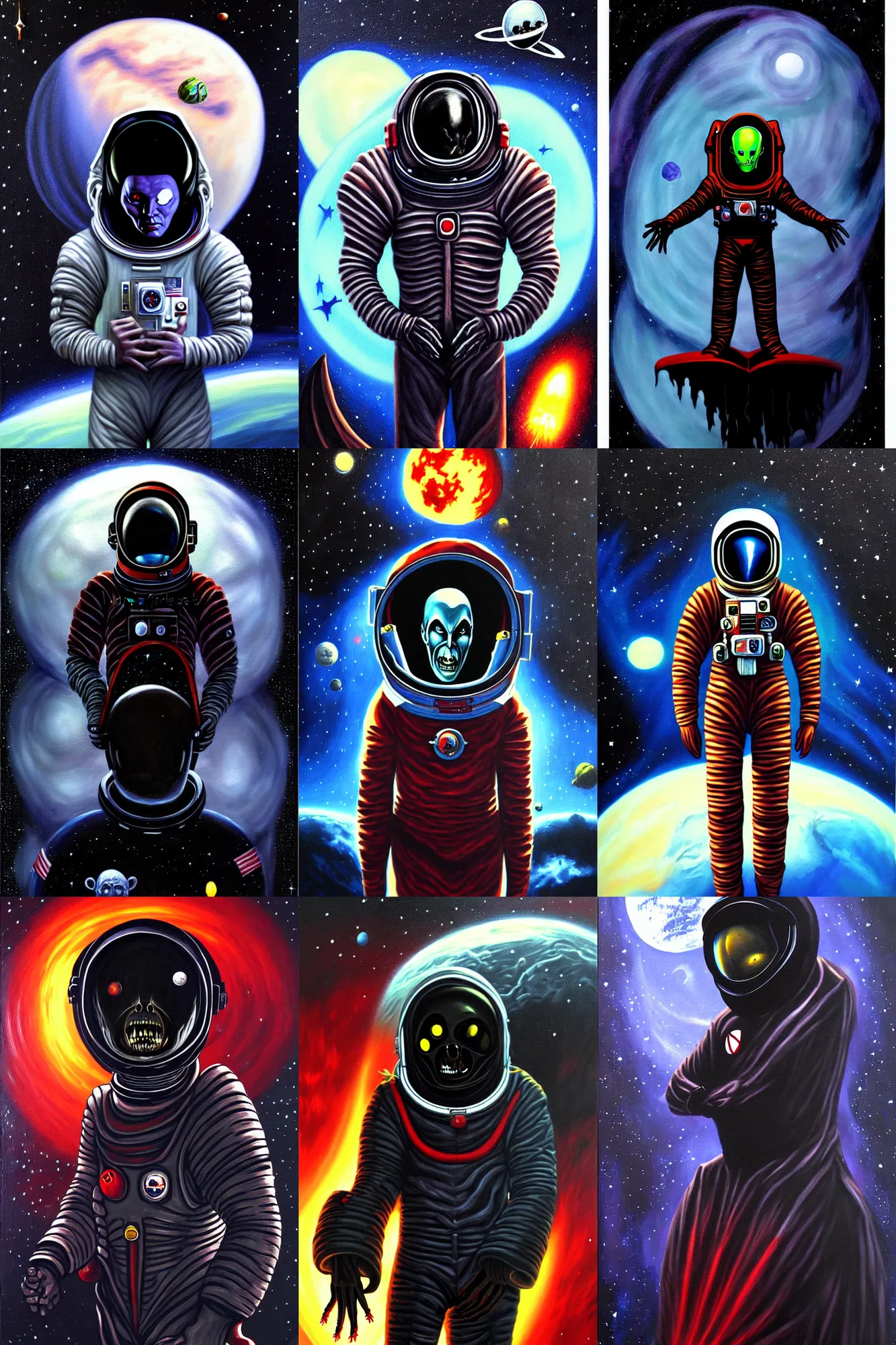 Prompt: alien space dracula astronaut, dark fantasy painting, sci - fi