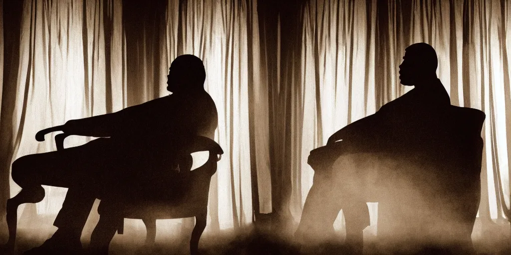 Prompt: photo style of shawn paul tan, close - up portrait of silhouette of big black man sitting on throne, hazy foggy background and floor made of big curtains,