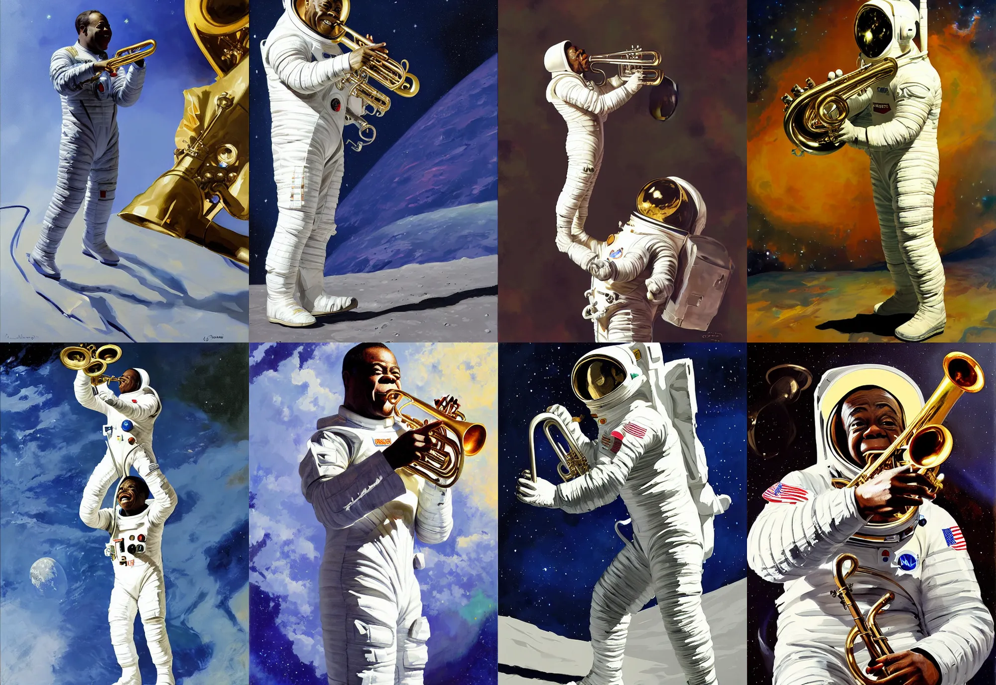 Image similar to a portrait of louis armstrong wearing a space suit on the moon, reaching for a trumpet, by greg manchess and john singer sargent and jonathan yeo, dramatic lighting, highly detailed digital painting