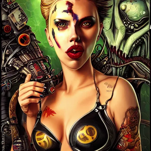 Image similar to lofi scorn giger alien venom joker steampunk portrait of scarlett johansson in bikini, Pixar style, by Tristan Eaton Stanley Artgerm and Tom Bagshaw.
