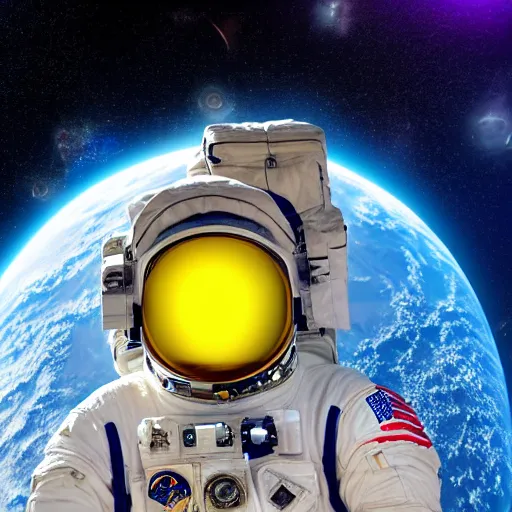 Image similar to astronaut in space, galactic background reflections on suit on one side and a yellow planet on the other side