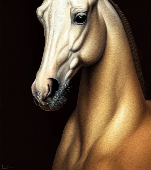 Image similar to portrait of a horse sitting upon a table with heightened detail, poised, intense emotion, detailed facial expression, detailed surroundings, intricate, elegant, highly detailed, centered, digital painting, artstation, concept art, smooth, sharp focus, illustration, by ( leonardo da vinci ), wlop