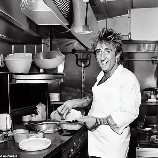 Prompt: rod steward is frying burgers, 1 9 8 0 s diner, dirty dishes, greasy food, impatient customers, rod stewart is wearing a stained apron, smiling at camera, white paper cap, he's sweating, photo