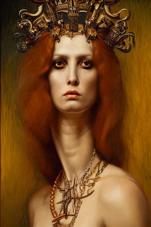 Prompt: hyper realistic painting portrait of the lady of punk, occult diagram, elaborate details, detailed face, intrincate ornaments, gold decoration, occult art, oil painting, art noveau, in the style of roberto ferri, gustav moreau, jean delville, bussiere, andrew gonzalez