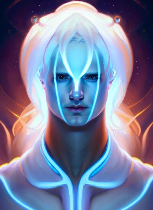 Image similar to symmetry!! portrait of man wearing white clothes with long flaming blue hair, sci - fi, glowing lights!! intricate, elegant, highly detailed, digital painting, artstation, concept art, smooth, sharp focus, illustration, art by artgerm and greg rutkowski and alphonse mucha, 8 k