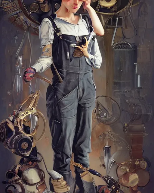 Image similar to a full body portrait beautiful androgynous punk girl with short hair and beautiful eyes, beautiful face, who is a mechanic wearing overalls carrying a bag, digital concept art, detailed digital painting, ornate decorative background, very aesthetic!!!!!!, by j. c. leyendecker and edward blair leighton and charlie bowater, trending on artstation