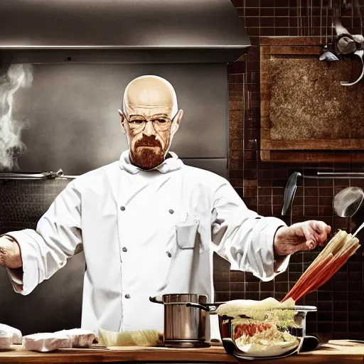 Prompt: walter white from breaking bad cooking spaghetti, 4 k, realistic, full body, full image, studio portrait