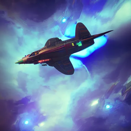 Prompt: octane render, a futuristic space fighter modeled after a spitfire plane, flying through colorful clouds of smoke inside an intense space battle, featured on cgsociety, dramatic lighting, cinema 4 d, ray traced lighting, photorealistic, ultra - detailed, f 1. 3