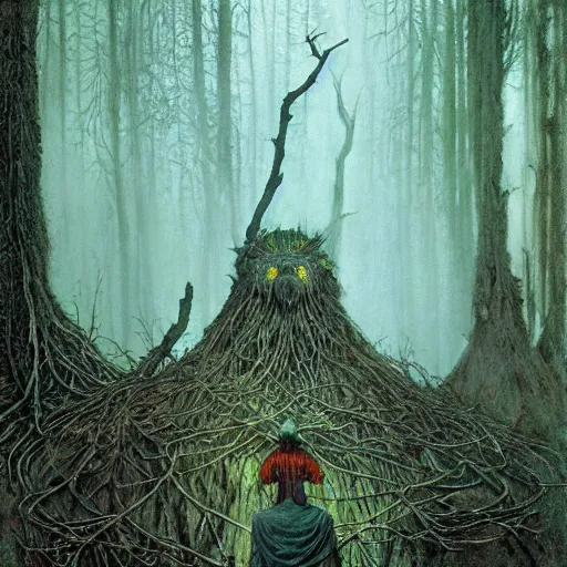 Image similar to a shaman in an ominous forest, staff, cinematic lighting, at night, highly detailed, symmetric, concept art, masterpiece, fantasy art, hyperdetailed, hyperrealism, saturated colors, art by zdzistaw beksinski, arthur rackham, dariusz zawadzki, larry elmore