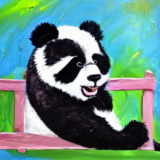 Prompt: beautiful and adorable and cute acrylic! impasto! painting of a sad, crying panda bear on a playground swing