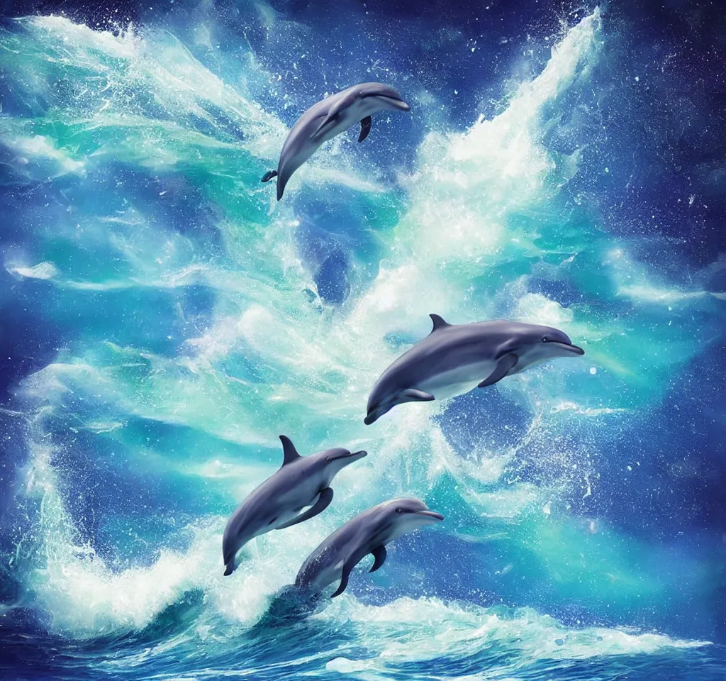 Prompt: dolphin riding a wave in space, realistic, colorful, astral,