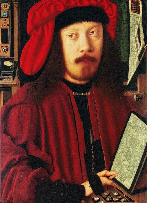 Image similar to a portrait of a person jacked into their cyberdeck by Jan van Eyck