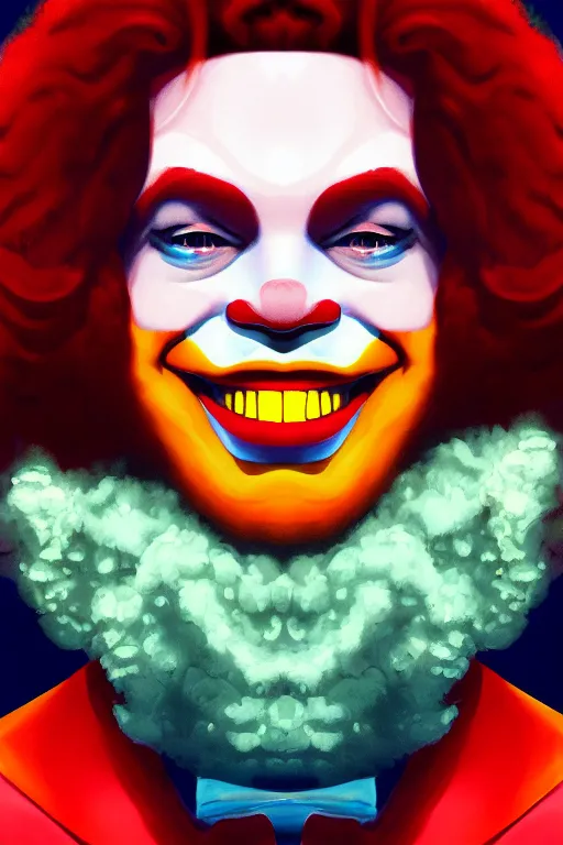 Image similar to a portrait of intergalactic ronald mcdonald, grim - lighting, high - contrast, intricate, elegant, highly detailed, digital painting, artstation, concept art, smooth, sharp focus, illustration