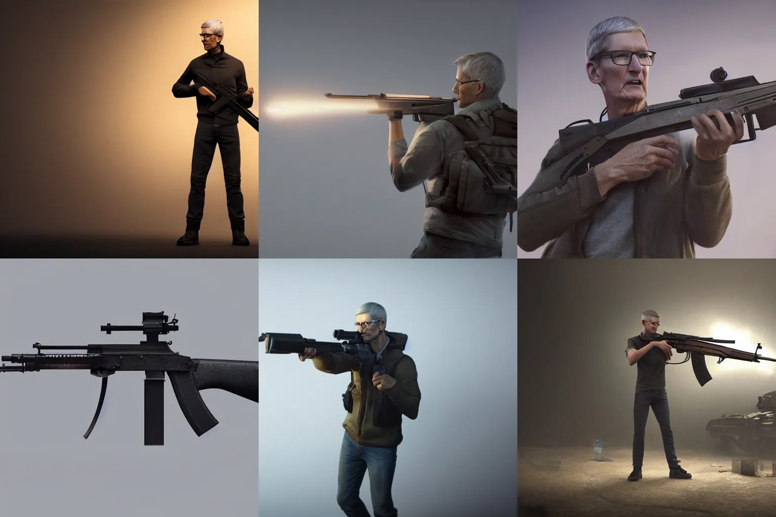 Prompt: Tim Cook presenting new AK-47, sharp focus, studio light, octane render, volumetric lighting, 8k high definition, by greg rutkowski, highly detailed, trending on art Station