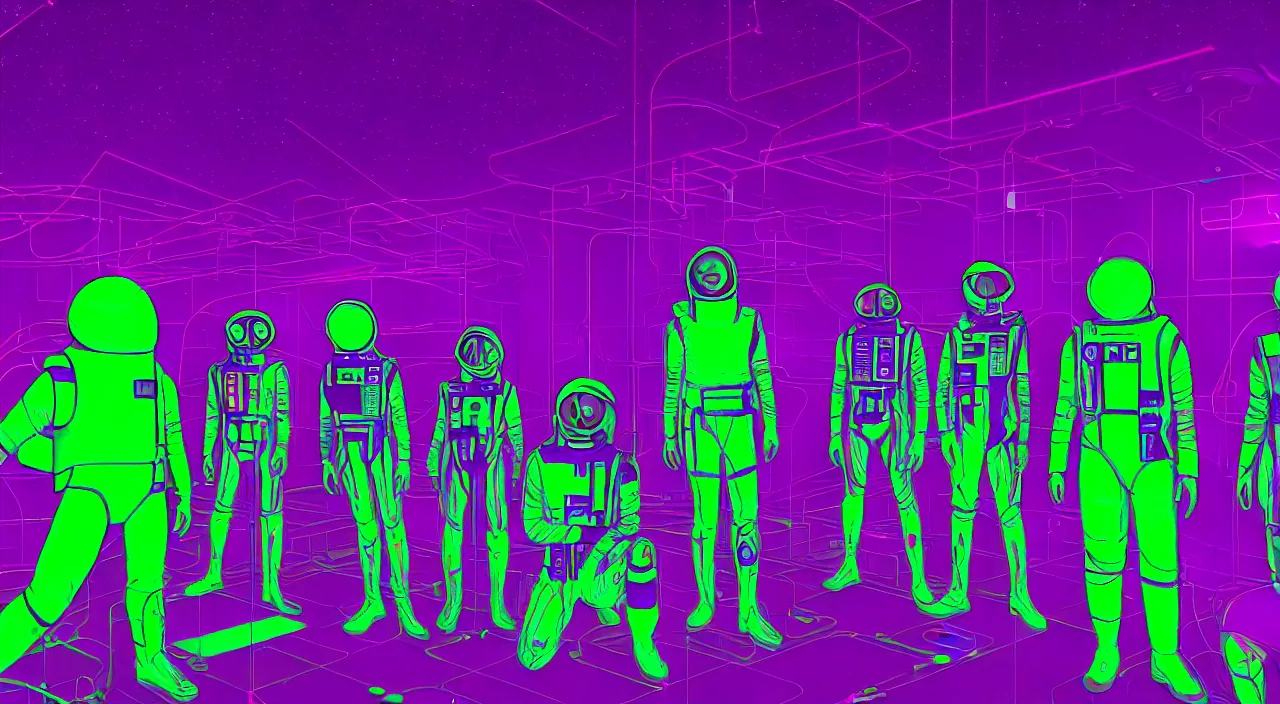 Prompt: hyper detailed bauhaus neon purple & green propaganda poster of mars workers from the 2050s cinematic lighting 8k sharp wide angle shallow depth of field