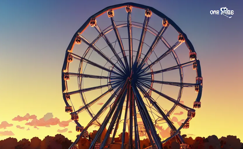 Image similar to one ferris wheel at sunrise, concept art, hyperrealistic, octane render, unreal engine 5, path traced, highly detailed, high quality, 8 k, dramatic lighting, cinematic, high coherence, symmetrical, high contrast, 1 9 8 0 s style, lens flare, godrays