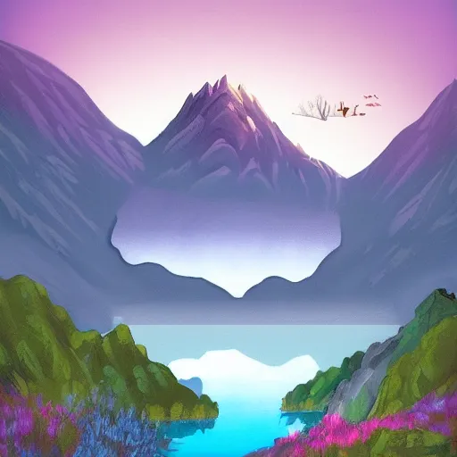 Prompt: digital painting of mountain landscape with a lake and character near the water by philip sue art, by philip sue, contest winner on behance, dark blue, lavender, light blue color scheme, blue blue