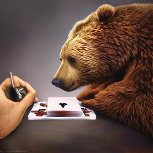 Prompt: brown bears playing magic the gathering, hyperrealism style