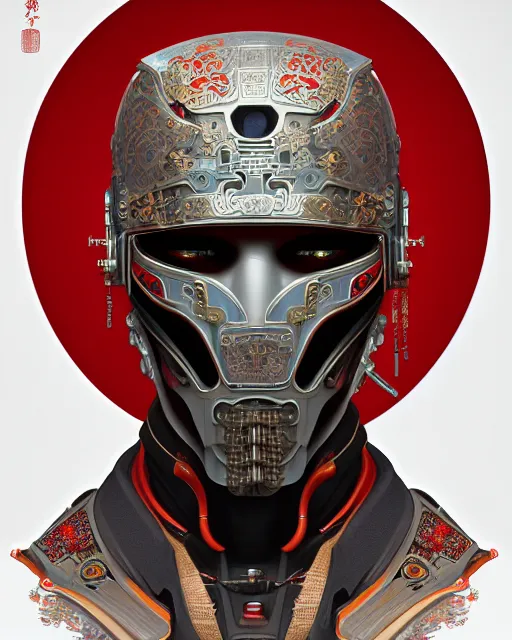 Image similar to portrait of a male cyberpunk machine, machine face, upper half portrait, decorated with chinese opera motifs, asian, fine china, wuxia, traditional chinese art, intricate, elegant, highly detailed, symmetry, headpiece, digital painting, artstation concept art smooth sharp focus, illustration, art by artgerm and greg rutkowski alphonse mucha 8 k