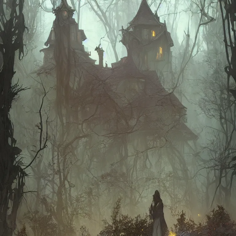 Image similar to a lone figure standing in front of a haunted victorian house in a dense dark forest, concept art, by Peter Mohrbacher and Alphonse Mucha, detailed, style, 8k, trending on artstation, unreal engine 4k, detailed, clean background trending, full shot, symmetrical portrait, sophisticated, Unreal engine, dystopia, anti-utopia, post processing, psychadelic