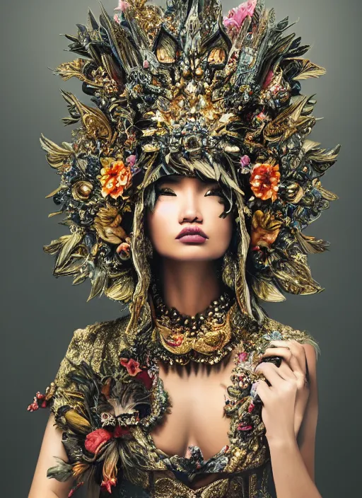 Prompt: expressive full body photo of a filipino female model, ornate headpiece made from flowers, ornaments, glamour shot, by karol bak, by stefan gesell, photorealistic, canon r 3, fashion photography, hyper maximalist, elegant, ornate, luxury, elite, environmental portrait, symmetrical features, octane render, unreal engine, solid dark grey background, dramatic lights
