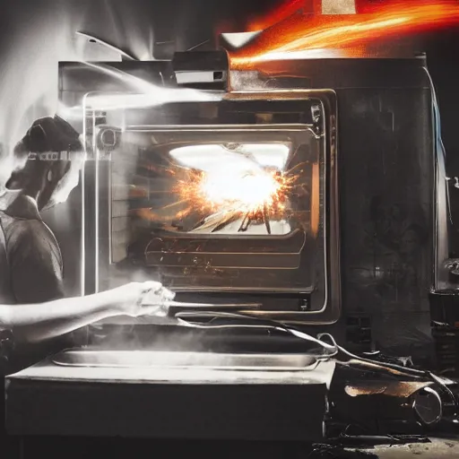 Prompt: cyborg toaster oven repairman, dark messy smoke - filled cluttered workshop, dark, dramatic lighting, orange tint, sparks, plasma rays, cinematic, highly detailed, sci - fi, futuristic, movie still