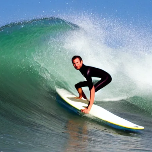 Image similar to action picture of a man surfing a wave using an ironing board