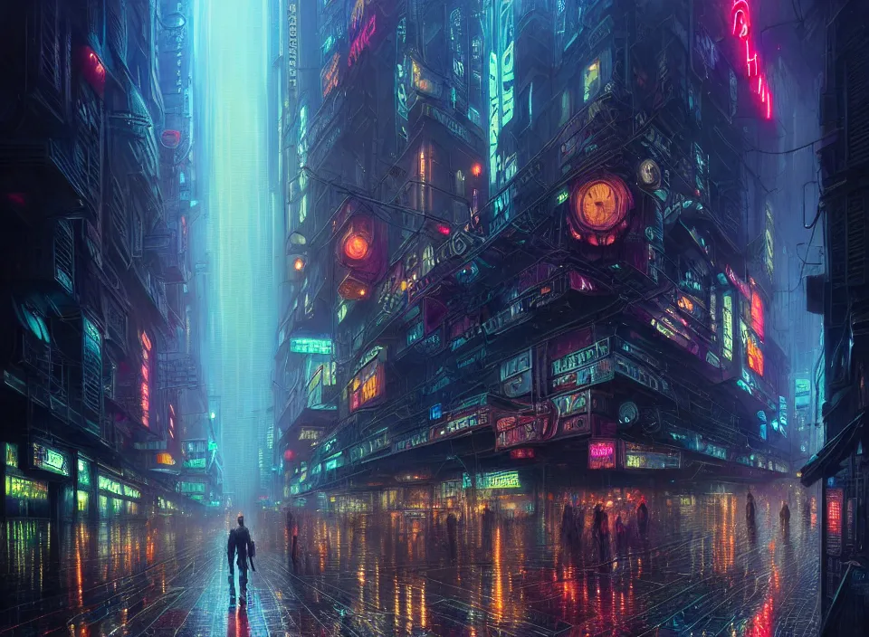 Image similar to rainy night in a cyberpunk city, neon lights, intricate, elegant, highly detailed, centered, digital painting, artstation, concept art, smooth, sharp focus, illustration, artgerm, tomasz alen kopera, peter mohrbacher, donato giancola, joseph christian leyendecker, wlop, boris vallejo