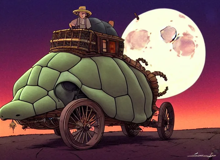 Image similar to a cell shaded cartoon of a lovecraftian tortoise stage coach from howl's moving castle ( 2 0 0 4 ), on a desert road, in front of a full moon, full body, wide shot, very muted colors, post grunge, studio ghibli, laurie greasley, highly detailed, deviantart, art by artgem