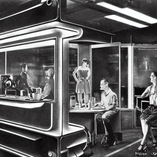 Image similar to the view from inside an old vacuum tube from 1 9 5 5, looking out into a coffee break room filled with nerds, photo realistic, hyper detailed,