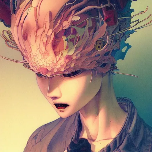 Image similar to prompt : wierd character portrait soft light painted by james jean and katsuhiro otomo and erik jones, inspired by evangeleon anime, smooth face feature, intricate oil painting, high detail illustration, sharp high detail, manga and anime 1 9 9 9