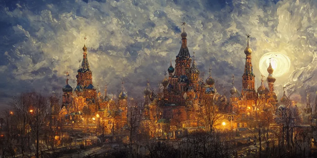 Image similar to beautiful magical ancient Slavic city of Kitezh, magic lights, magic mist, strange buildings, oil painting, painting by Viktor Vasnetsov, concept art, fantasy cityscape, ancient Russian architecture, painting by Ivan Shishkin, hyperborea, high resolution, trending on artstation,