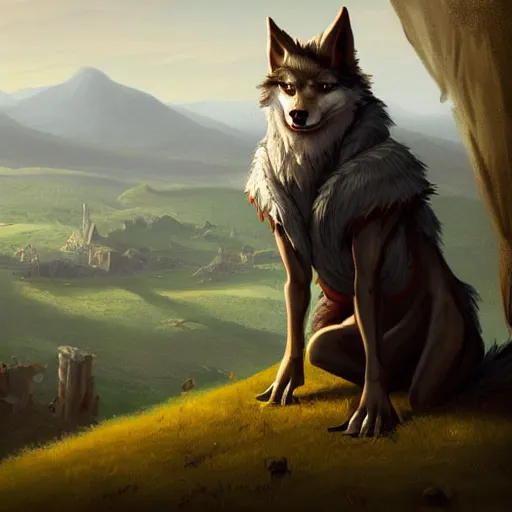 Image similar to an anthropomorphic wolf in a doublet looking out over the hills, artstation hq, stylized, anthro furry art, furaffinity fursona, landscape, greg rutkowski, sharp focus, concept art