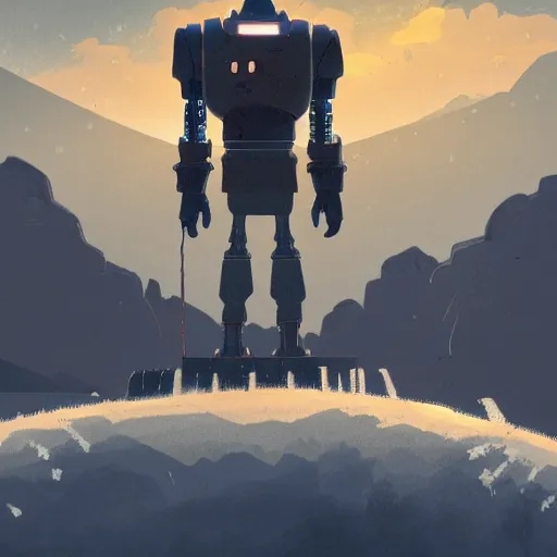 Image similar to the iron giant standing stoically looking towards a small town, snow, highly detailed, deep aesthetic, 4k, highly ornate intricate details, rich colors, digital artwork, symmetrical, ray tracing,