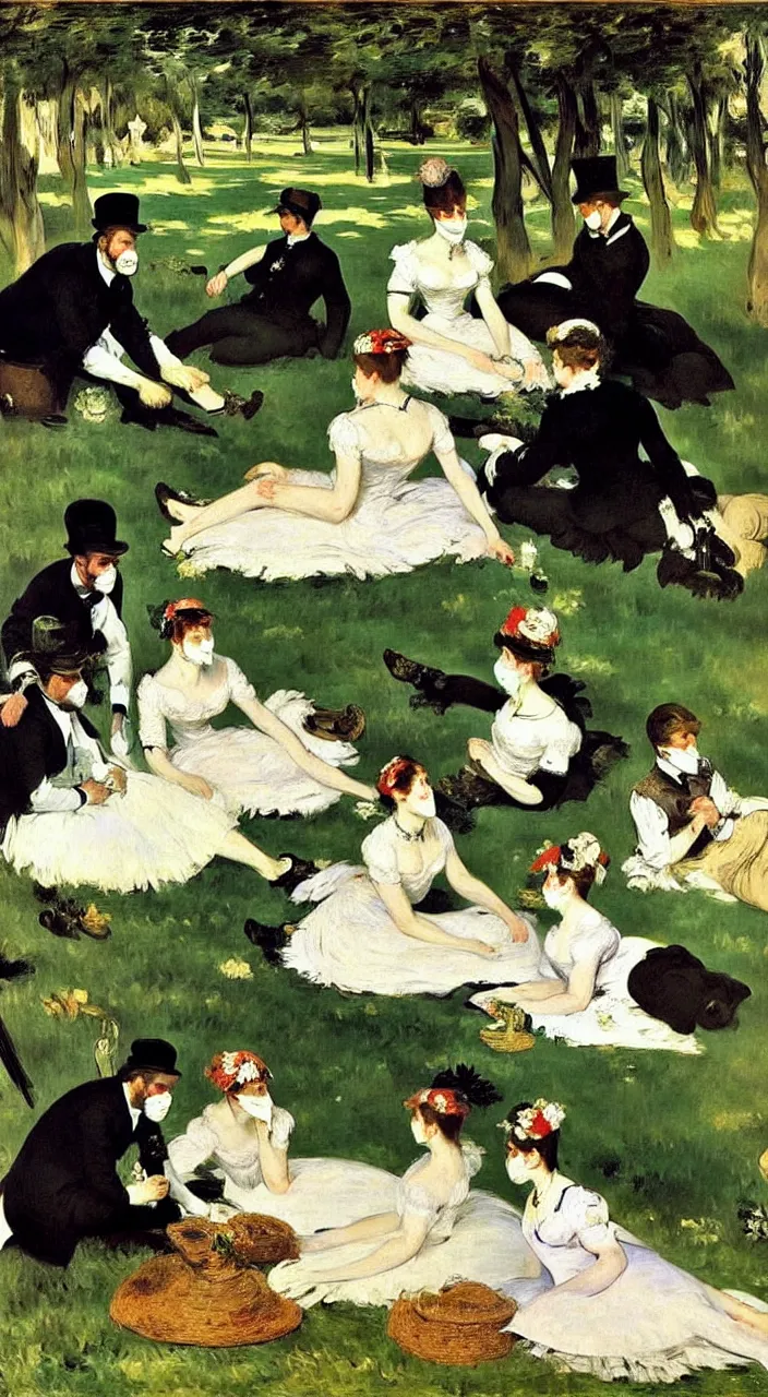 Prompt: oil on canvas, painting from edouard manet, in the style of le dejeuner sur l'herbe, weating ffp 2!!! masks, covid!!!, 1 8 6 2, impressionism, realism