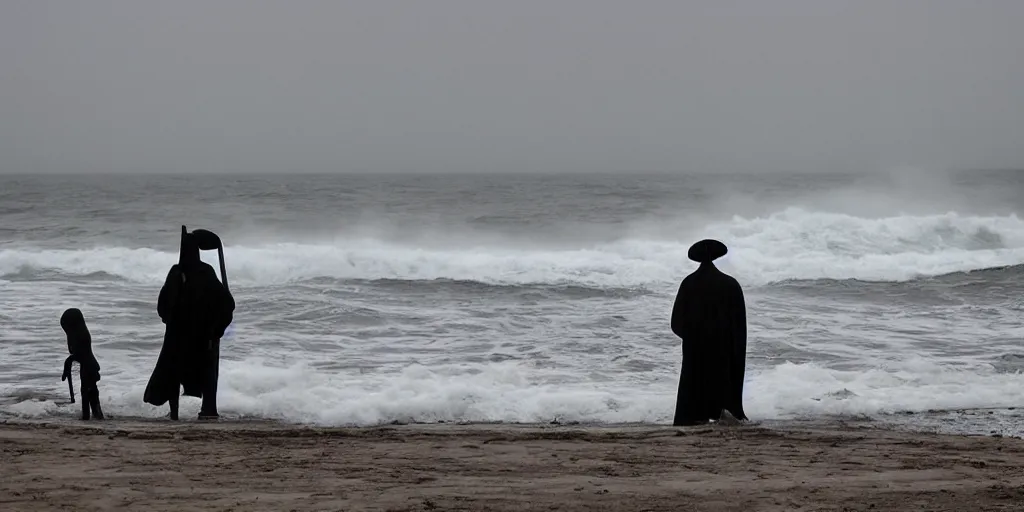 Image similar to super gloomy beach with impenetrable forest inland and violent waves off shore. The grim reaper standing next to men on pikes vlad the impaler in the front right, depressive atmosphere