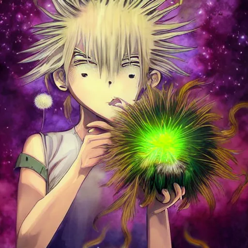 Prompt: anime art style, abstract expression, natural energy, dimensional consciousness, fantastical, ultra realistic, dandelion in a symbiosis with a plant monster at night, glowing amber eyes, intricate details, artefacts, luminous skies, highly detailed