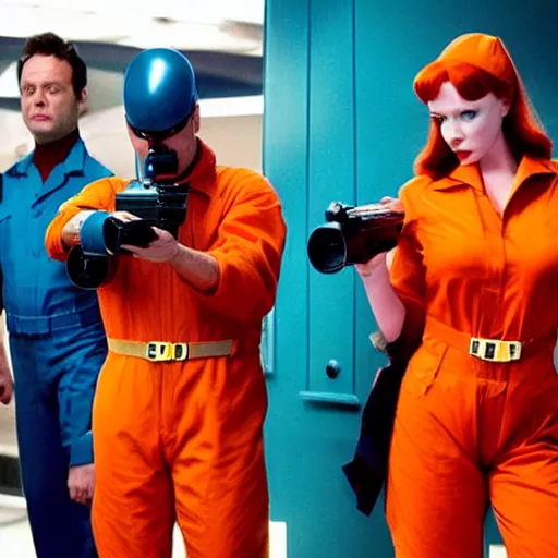 Image similar to vince vaughn as jack fenton, he is wearing an orange coveralls bodysuit with a big sci - fi gun belt, and christina hendricks as maddie fenton, she is wearing a tight teal coveralls bodysuit with a big sci - fi gun belt, movie photo, spooky netflix still shot, they are looking for ghosts