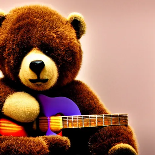 Image similar to a photograph of a bear poorly cosplaying as a bear, he is holding a guitar, vivid color, 50mm