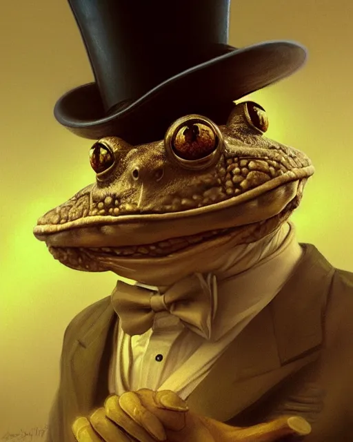 Image similar to close portrait of a toad with a top hat, smoking weed, vaporwave, bedroom, highly detailed, digital painting, artstation, concept art, smooth, sharp focus, illustration, art by artgerm and greg rutkowski and alphonse mucha
