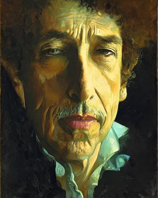 Prompt: painterly portrait, Bob Dylan, impasto, fantasy, chuck close:7, carl spitzweg:7, cinematic light, full face, symmetrical face