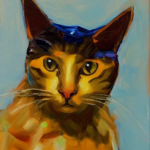 Image similar to palette knife oil painting of a cat wearing a helmet